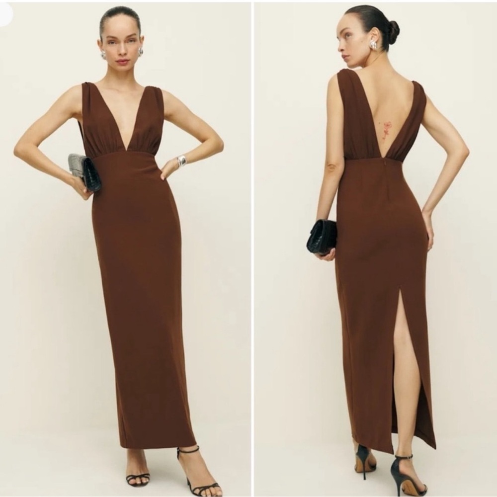 NWT Reformation Velda Deep V sleeveless midi Dress Brown Size 0